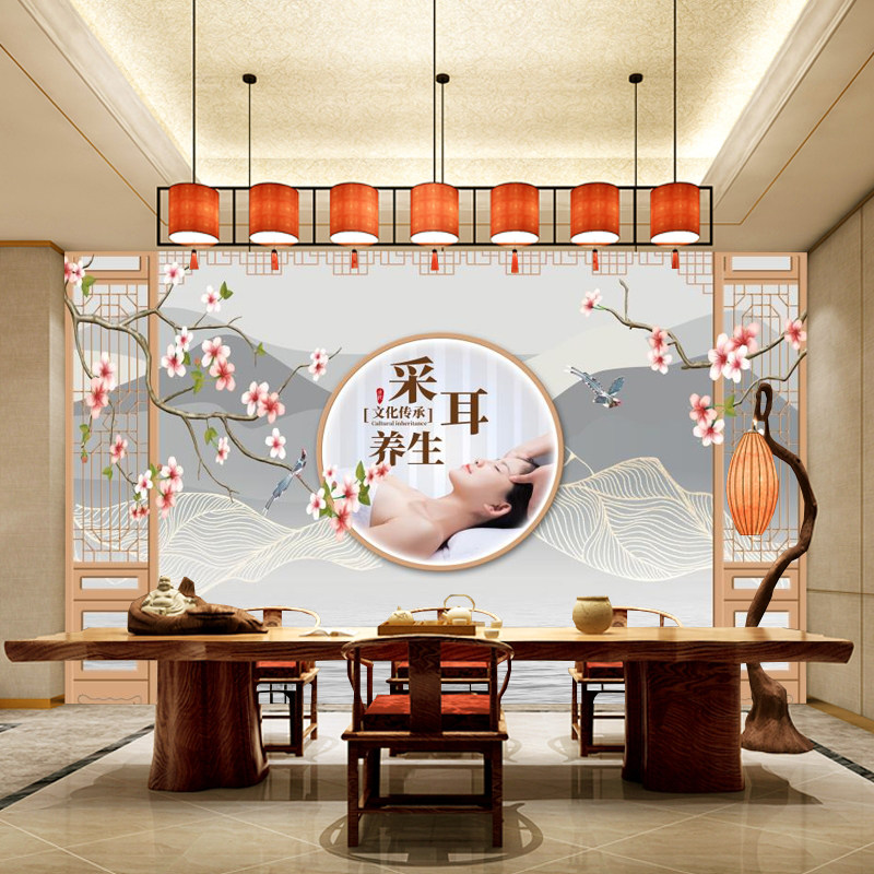 3d美容院养生馆收银台吧台背景壁纸足疗采耳店壁纸茶室新中式壁画