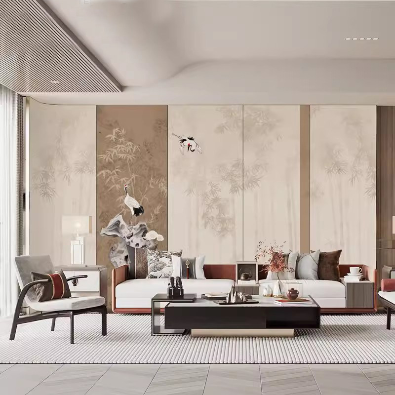 简约复古新中式拼色壁纸3d禅意仙鹤壁布背景墙布茶室客厅竹子壁画