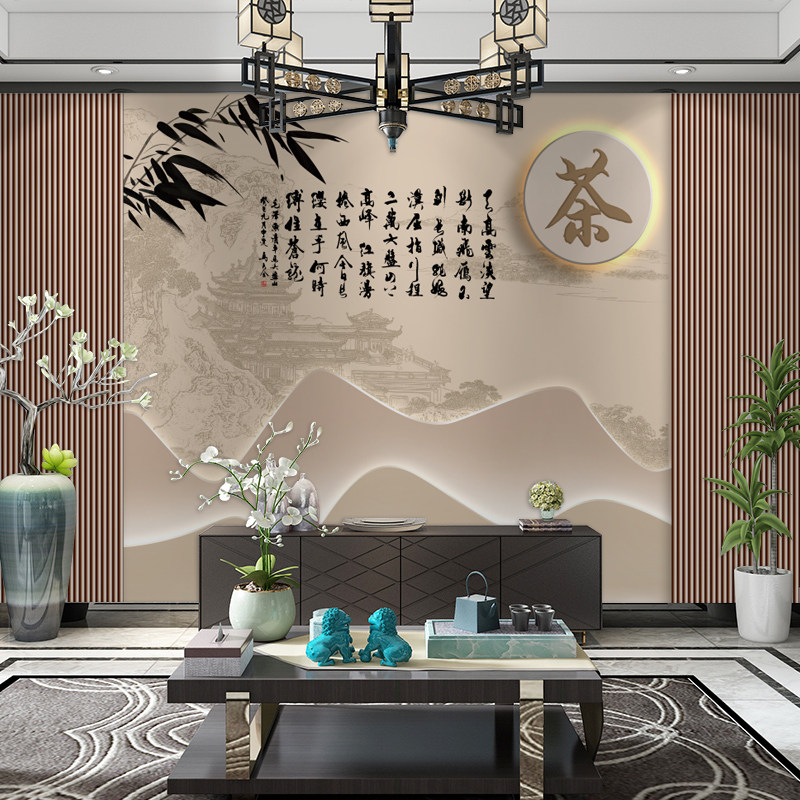 8D新中式风格茶道茶室装修壁画茶舍茶叶店书房电视沙发背景墙布_虎窝淘