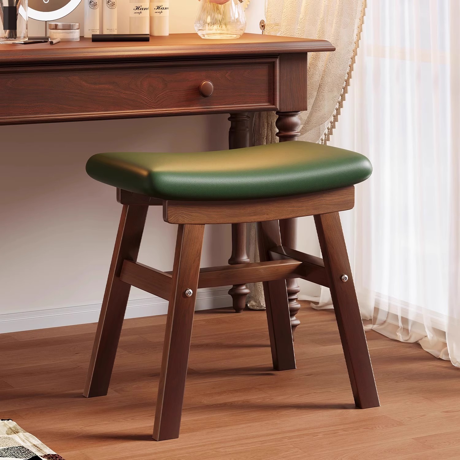 化妆凳实木马鞍凳家用梳妆台凳子女生卧室中古风方板凳椅子化妆椅