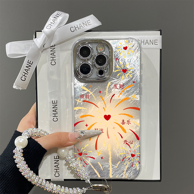 2025新年好运烟花适用苹果16promax手机壳iPhone15带镜头膜13羽纱新款12冰川pro女11挂绳plus高级14防摔x硬壳