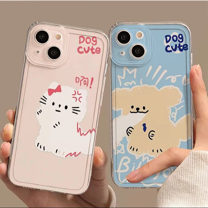 情侣一对小狗猫咪适用苹果15promax手机壳14新款13可爱小众11透明plus情侣网红xs女iPhone不发黄12防摔xr软壳