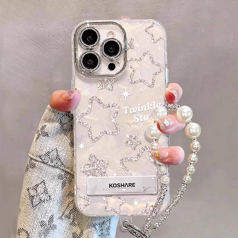 简约闪粉星星适用苹果16promax手机壳iPhone15带镜头膜13新款12贝壳纹手链xs小众17少女心plus14防摔个性硬壳