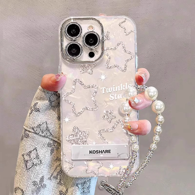 简约闪粉星星适用苹果16promax手机壳iPhone15带镜头膜13新款12贝壳纹手链xs小众17少女心plus14防摔个性硬壳