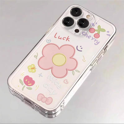 可爱粉色花朵适用苹果16promax手机壳15新款14网红卡通13透明plus小众创意11情侣iPhone12少女xs全包防摔软壳