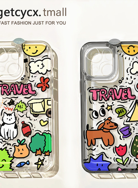 韩系情侣涂鸦小狗适用苹果15promax手机壳iPhone14透明13新款12pro春天小猫17plus亚克力s女xr全包16防摔硬壳