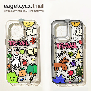 韩系情侣涂鸦小狗适用苹果15promax手机壳iPhone14透明13新款12pro春天小猫17plus亚克力s女xr全包16防摔硬壳