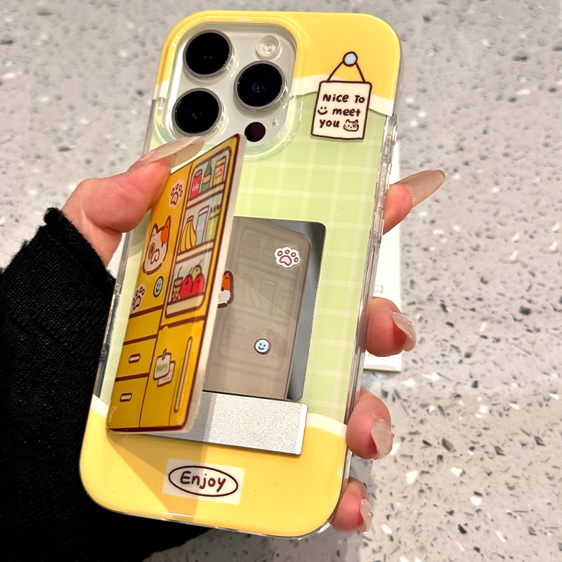 黄绿色格子小猫适用苹果17promax手机壳16新款14网红13个性plus创意支架11可爱简约iPhone全包12防摔卡通硬壳