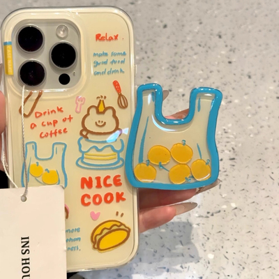 卡通线条购物袋适用苹果16promax手机壳15小众新款14网红13透明plus创意11高级支架iPhone12少女全包防摔硬壳