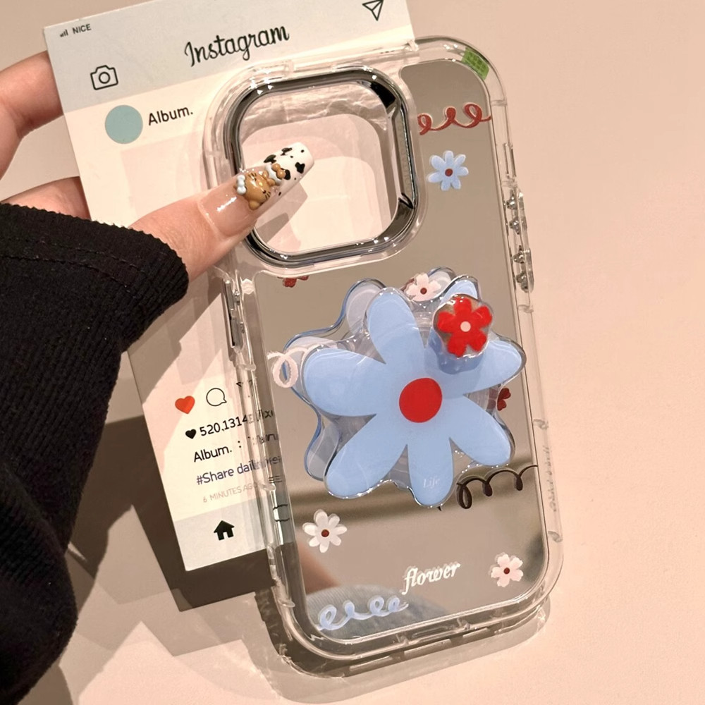 ins英文花朵镜面适用苹果16promax手机壳iPhone14卡通13新款17pro花朵支架plus情侣12高级感xs少女xr防摔硬壳