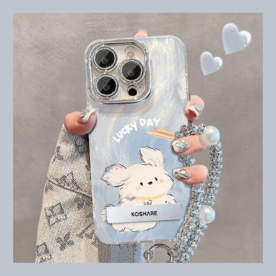 可爱飞盘小狗适用苹果16promax手机壳iPhone14电镀银带镜头膜13新款12羽纱纹pro女17plus卡通15创意x防摔硬壳