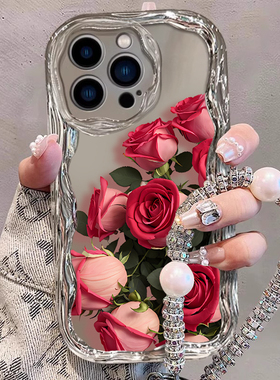 高级红色玫瑰适用于苹果15promax手机壳新款iPhone14小众xs个性简约xr时尚莲花13电镀银17创意12女波浪xr软壳