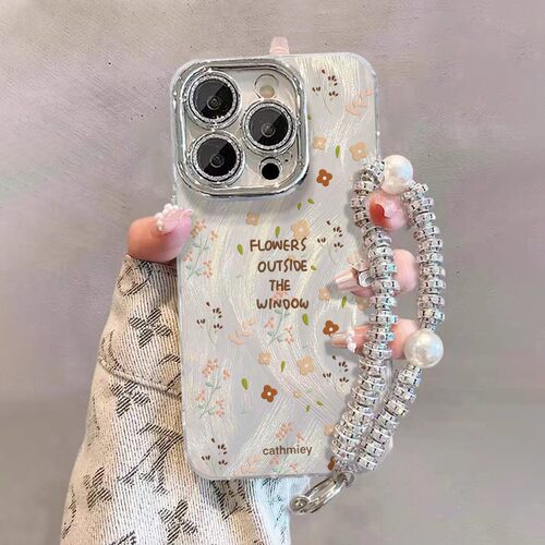 清新小碎花手链适用苹果15promax手机壳iPhone14创意13新款12高级pro女17plus羽纱xs小众x带镜头膜16防摔硬壳