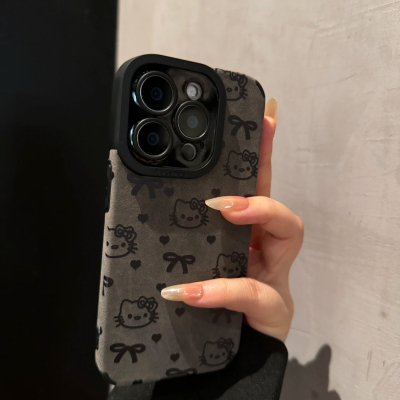 满屏凯蒂猫蝴蝶结适用苹果16promax手机壳新款iPhone15复古皮绒11小众网红14高级感12超火创意13全包贴皮软壳