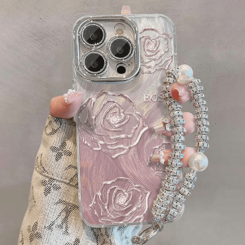 渐变粉色玫瑰适用苹果16promax手机壳iPhone14电镀银带镜头膜13新款12羽纱纹pro女17plus高级15创意x防摔硬壳