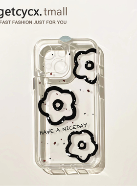 韩系简约黑色花朵适用苹果14promax手机壳iPhone13透明12新款17pro小众情侣1plus5亚克力xs女xr全包x防摔硬壳