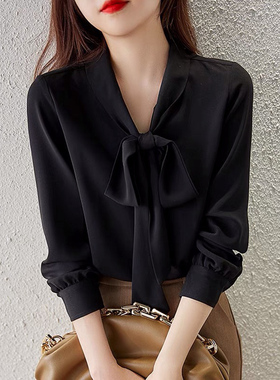 2025秋冬新款设计感小众黑色蝴蝶结衬衫女长袖内搭打底衫加厚上衣