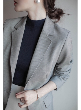 灰色格子小西装外套女2025春秋新款设计感小众高级感小个子上衣女