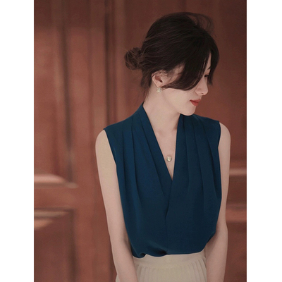 2025夏季新款雪纺衫宽松内搭小衫气质蓝色无袖衬衫女V领短袖上衣
