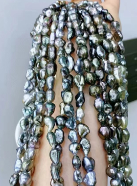 天卉珠宝天然海水大溪地野生keshi珍珠项链7-9mm精致有量光泽碎银