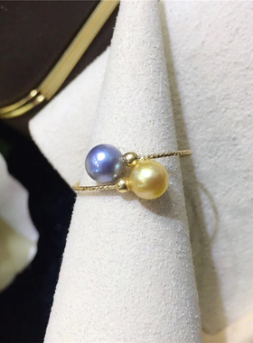 天卉珍珠天然海水珍珠akoya珍珠4-5mm真多麻+香槟金18K金弹力戒指