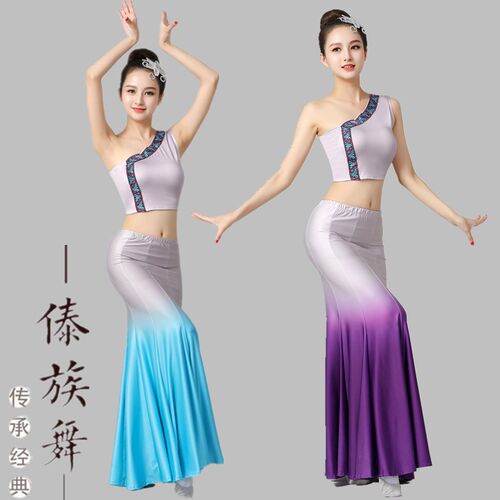 2023新款傣族舞蹈服装女成人孔雀舞演出服艺考练功舞裙鱼尾半身裙