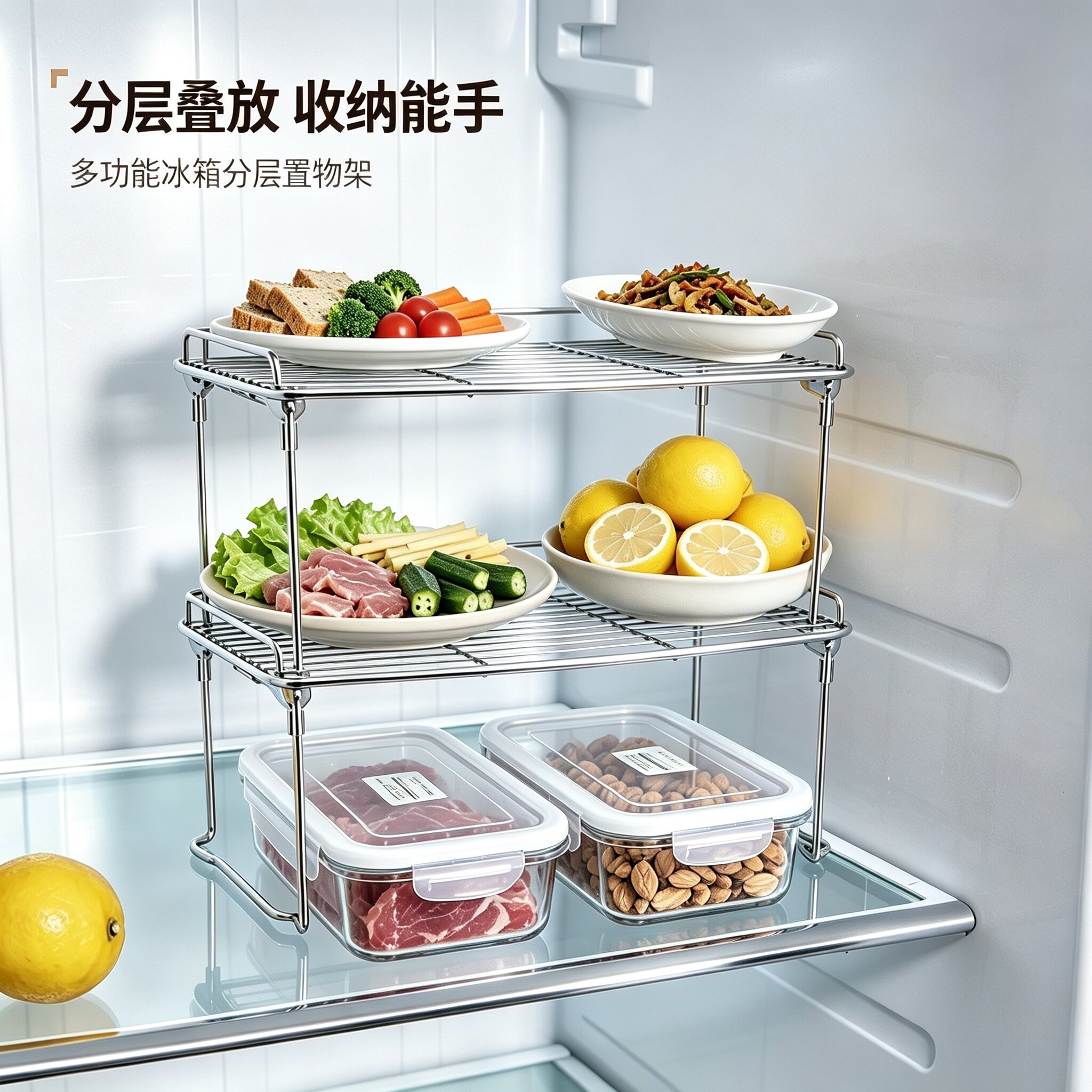 冰箱冰柜不锈钢双层收纳架图片