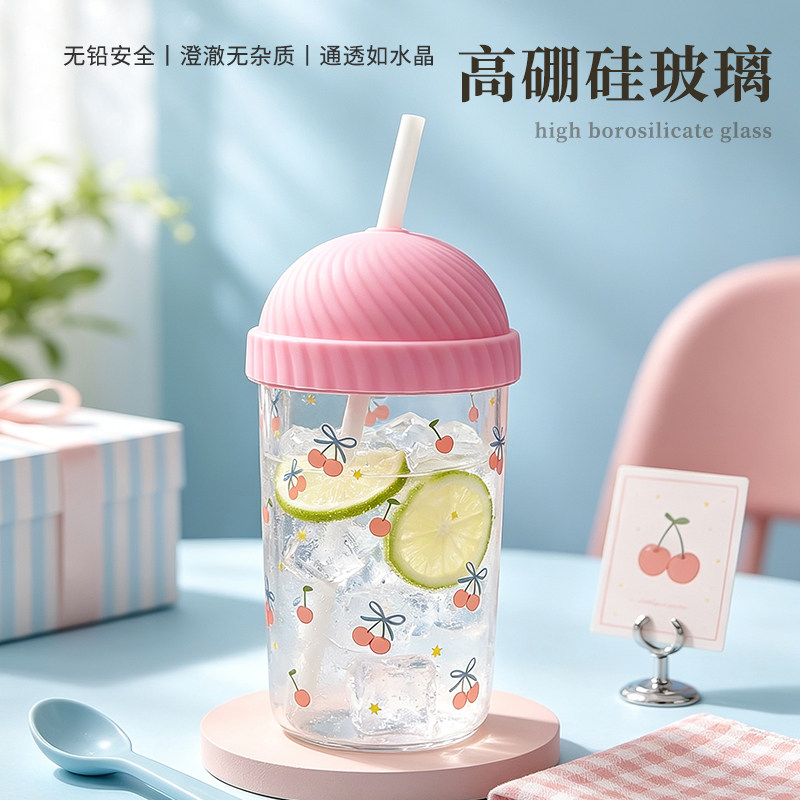 高硼硅玻璃吸管水杯女士高颜值超好看独特漂亮杯子带盖咖啡牛奶杯图片