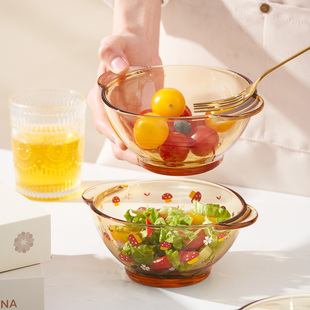 琥珀色玻璃碗高颜值沙拉碗家用水果甜品碗精致日式餐具耐高温双耳