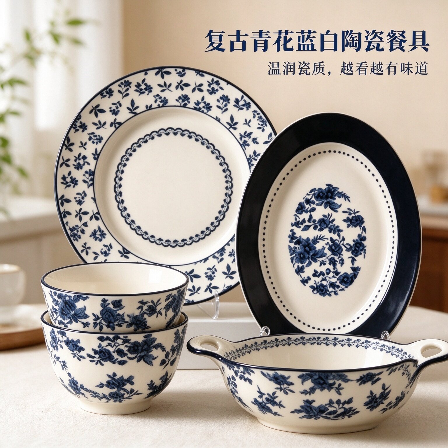特惠清仓】高颜值复古青花釉下彩陶瓷碗碟套装家用餐具饭碗碟餐盘
