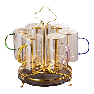 玻璃杯套装家用客厅待客杯子可旋转杯带把手架耐高温泡茶杯喝水杯