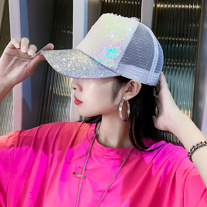 夏天太阳遮阳冒子女士休闲百搭韩版潮夏季防晒网帽洋气亮片鸭舌帽
