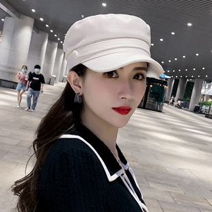 2026英伦帽女时尚亚麻立体平顶海军帽子女春秋韩版百搭鸭舌贝雷帽