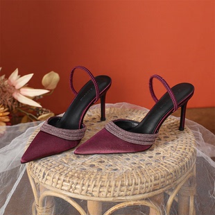 真丝绸缎~婚鞋尖头红色高跟鞋女裸色夏细跟气质名媛高级感