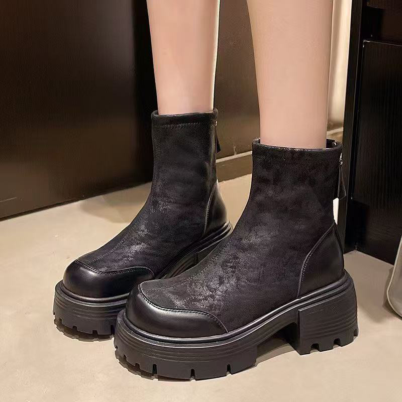 2025新款巨好看厚底低帮马丁靴薄绒增高黑色秋冬舒服短靴女款