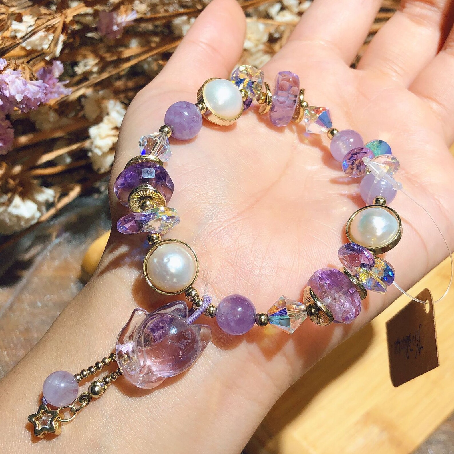 精美薰衣草紫水晶手链狐狸吊坠天然紫色珍珠手串招桃花旺姻缘礼物