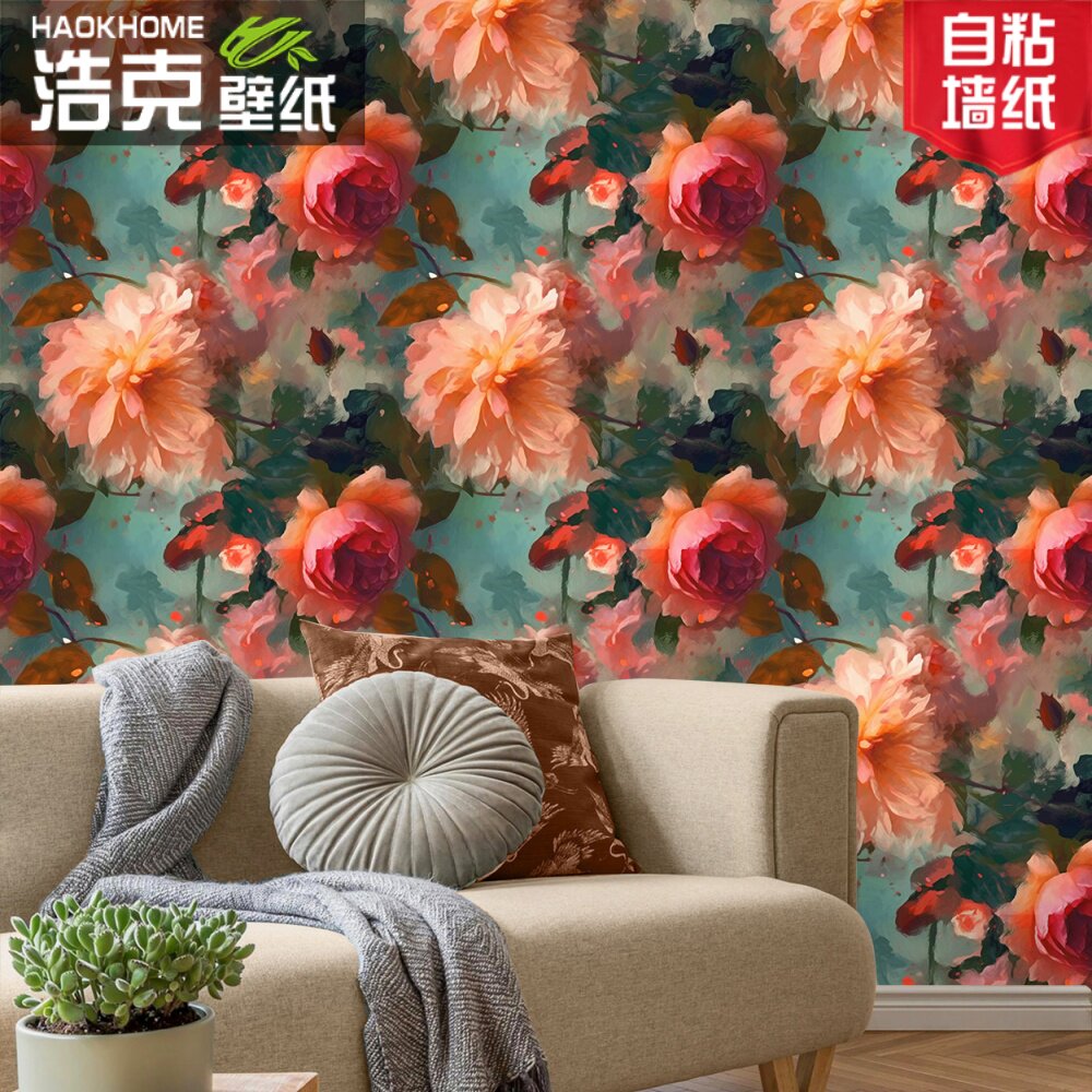【原创】高级欧式油画田园手绘花卉壁纸客厅电视背景墙自粘墙纸