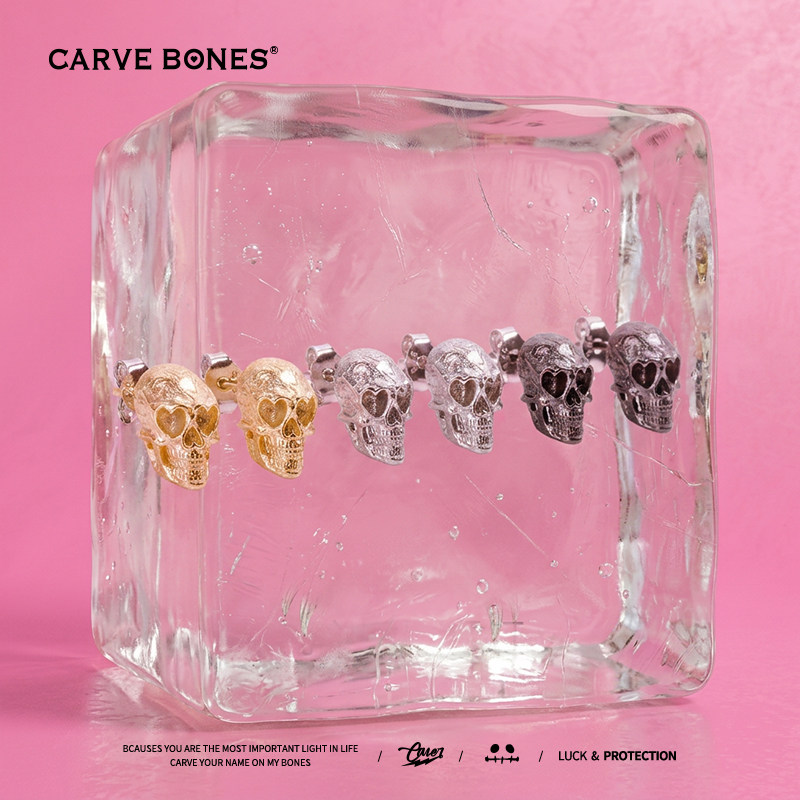 CARVE BONES刻骨原创设计新潮925纯银个性气质耳饰桃心眼骷髅耳钉