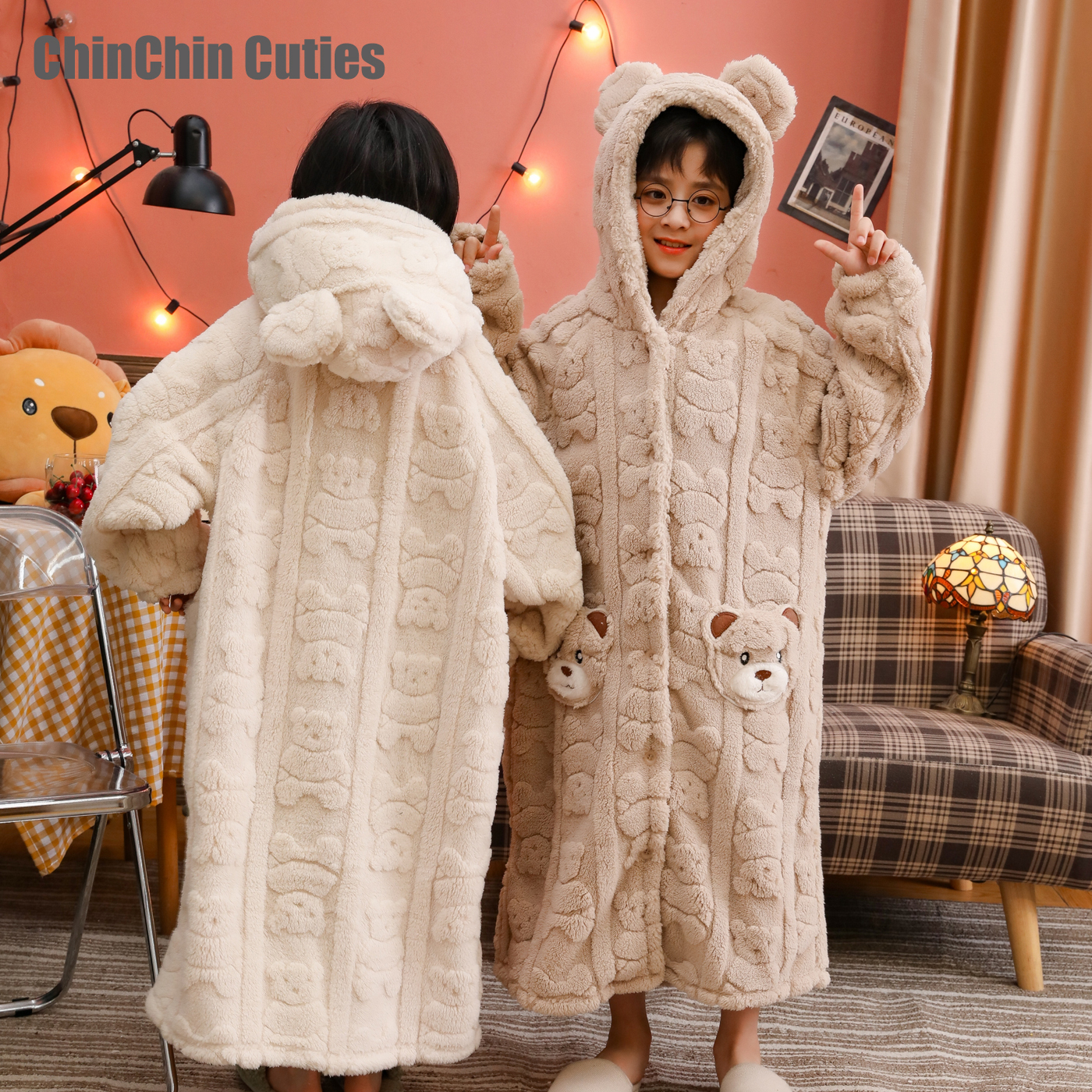 男童浴袍中大童冬儿童睡袍加厚珊瑚绒连帽睡衣女宝长款亲子家居服