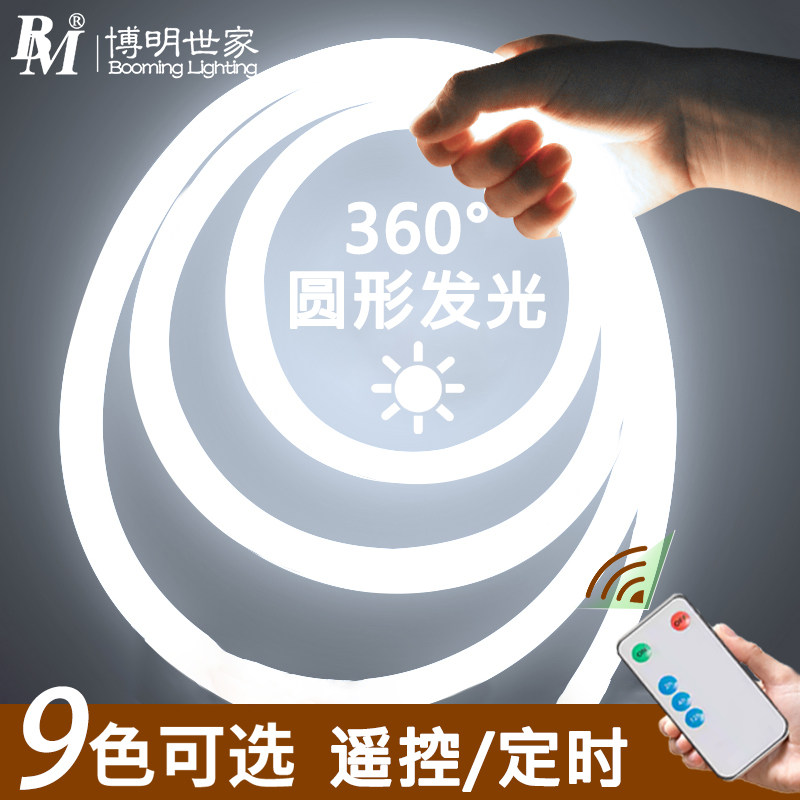 无线遥控白光灯条220v白色led灯带室内照明圆形360发光冷光软灯管