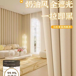 奶油风窗帘卧室遮光雪尼尔2024新款 隔音客厅高级感轻奢免打孔法式