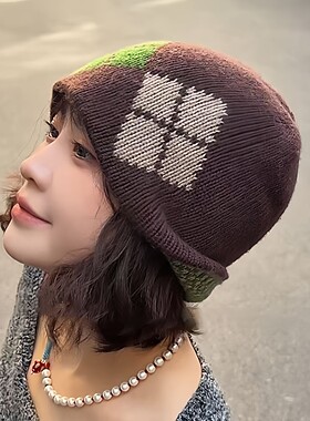 秋冬帽子女复古菱形针织包头时尚