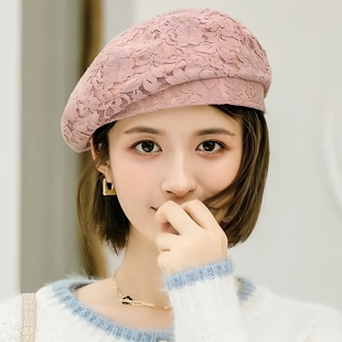 贝雷帽女夏季薄款透气复古八角帽日系百搭休闲褶皱蕾丝画家帽子潮