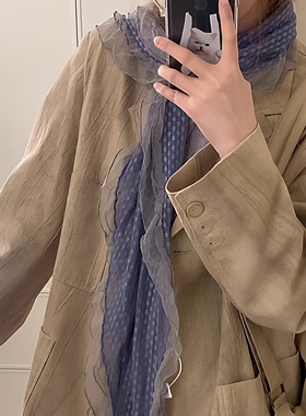 蓝色波点花边蕾丝丝巾木耳围脖