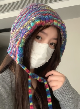 显脸小包头民族风保暖针织彩虹帽