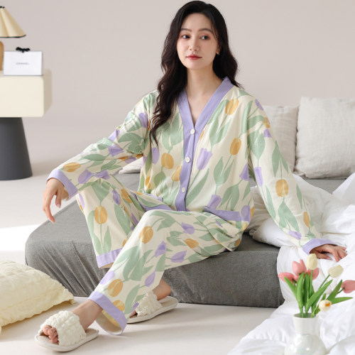 睡衣女士开衫纽扣200斤220斤纯棉长袖秋冬季胖mm特大码家居服5XL