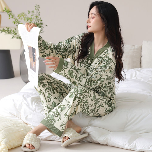 睡衣女士纯棉和服纽扣开衫宽松长袖胖mm大码秋冬款220斤5XL家居服