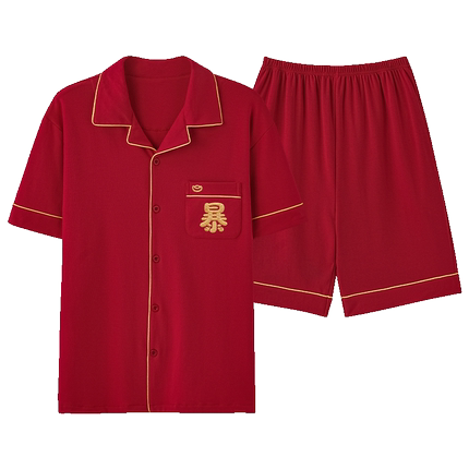 红色睡衣男士夏季本命年纯棉短袖开衫短裤特大码240斤300斤6XL7XL