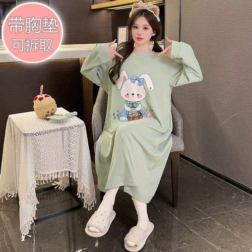 带胸垫睡裙女秋冬免穿文胸长袖胖mm加大码200斤德绒睡衣家居裙5XL