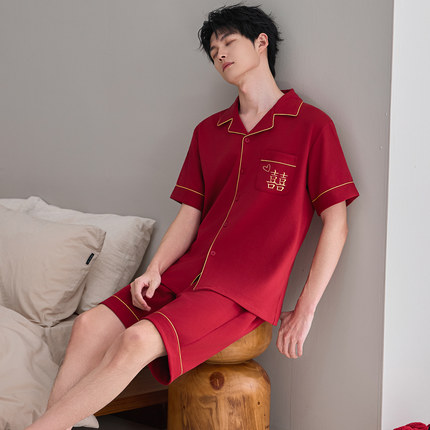 情侣红色睡衣夏季纯棉短袖男女结婚本命年家居服240斤300斤6XL7XL